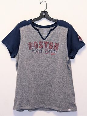 Majestic Boston Red Sox V-Neck Tee XL Gray Navy Raglan MLB Graphic Shirt